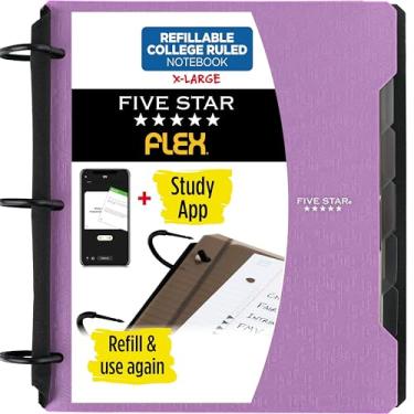 Imagem de Five Star Caderno flexível recarregável + aplicativo de estudo, papel pautado universitário e fichário TechLock de 3,5 cm com bolsos, abas e divisórias, capacidade para 300 folhas, ametista roxa
