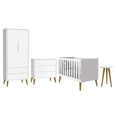 Imagem de Dormitório Infantil Theo Retrô 2 Portas, Cômoda, Berço e Mesa de Apoio com Pés Amadeirado - Reller Móveis Branco Fosco