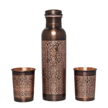 Imagem de Garrafa de água de cobre puro com conjunto de 2 copos, lindo padrão floral para benefícios de saúde Ayurveda