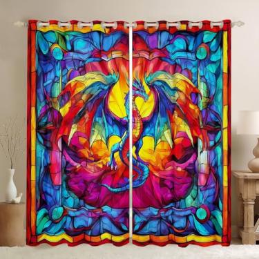 Imagem de Cortinas de janela infantis com dragão voador, dragão de asa ocidental, gótico, Halloween, para meninos e meninas, geométrico, abstrato, arco-íris, retrô, tratamentos de janela, ilhós, conjunto de 2