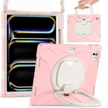 Imagem de Batianda Capa para iPad Pro de 13 polegadas (2024) chip M4 modelo A2925 capa de silicone resistente resistente com anel giratório de 360°, suporte dobrável e alça de ombro, rosa