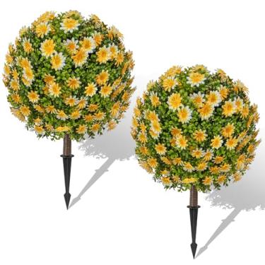 Imagem de Árvores de bola de buxo artificial de 63,5 cm com girassóis amarelos, conjunto de 2 plantas artificiais resistentes a UV que não desbotam com ponta de solo, arbustos falsos para jardim, pátio, varanda