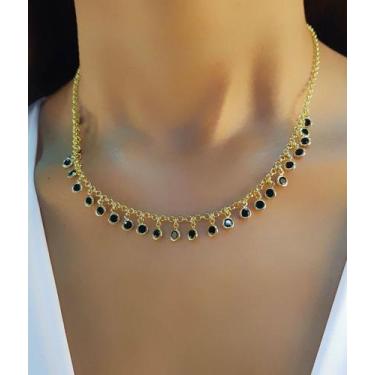 Imagem de Colar Elo Português com Ponto de Luz Zircônia Negra Banhado a Ouro - A