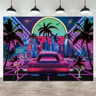 Imagem de ASDCXZ Pano de fundo neon brilhante retrô anos 70, 80, 90, Y2K, cenário de rua urbana, tropical, colorido, punk, paisagem urbana, carro, flamingo, palmeira, bandeira, decoração de retrato