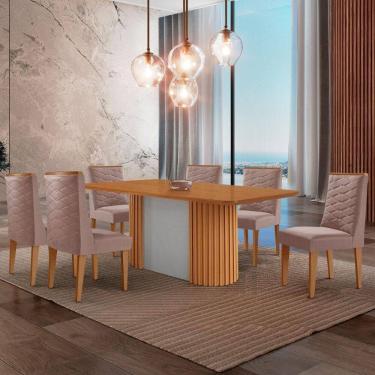 Imagem de Mesa De Jantar Aspen 180cm Tampo Mdf Laminado 6 Cadeiras Safira Linho Capuccino / /off White