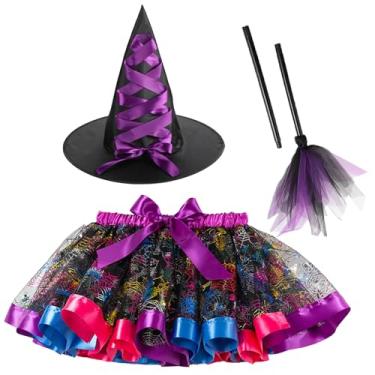 Imagem de Happy Cherry Conjunto de saia tutu de bruxa infantil com chapéu e vassoura, 3 peças, roupas de Halloween 3-8 anos, Multi, 4-6 Anos