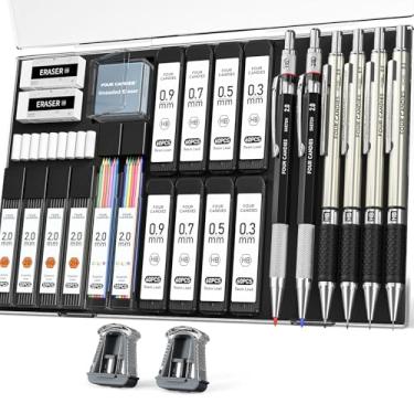 Imagem de Four Candies Conjunto de lapiseiras artísticas com 27 peças, 4 lápis de desenho de metal 0,3, 0,5, 0,7, 0,9 mm e 2 peças de suporte de grafite de 2 mm (cor HB 2H 2B 4B) com 552 refis de grafite para
