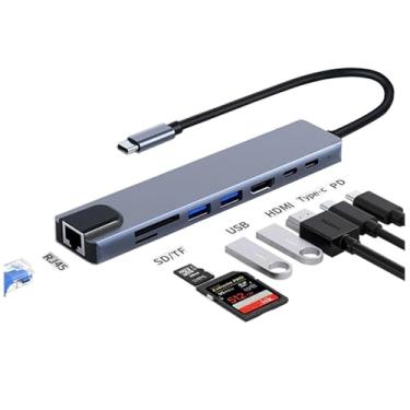 Imagem de Adaptador de hub USB C 8 em 1 com 4K HDMI 100W PD USB 3.0 RJ45 Ethernet SD/TF adaptador de leitor de cartão compatível com laptops MacBook Pro/Air USB C e outros dispositivos tipo C