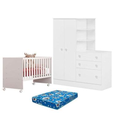 Imagem de Berço 3540 E Guarda Roupa Com Cômoda 4070 Doce Sonho Branco Brilho E Colchão Ortobom – Qmovi