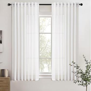 Imagem de Cortinas de linho com filtro de luz branca 137 cm de comprimento, conjunto de 2 painéis, bolso traseiro, semitransparentes, privacidade aprimorada, cortinas de janela curta para cozinha, café, fazenda