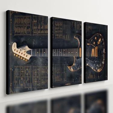 Imagem de Kit 3 Quadro Decorativo Rock Guitarra Dourada Violão Música (40x28cm)