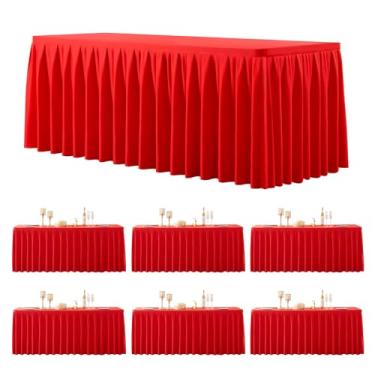 Imagem de Pacote com 6 toalhas de mesa retangulares vermelhas, 2,5 m, elastano elástico, para mesas retangulares de 2,3 m, toalhas de mesa de banquete, sem rugas, saia com babados, toalha de mesa para festa
