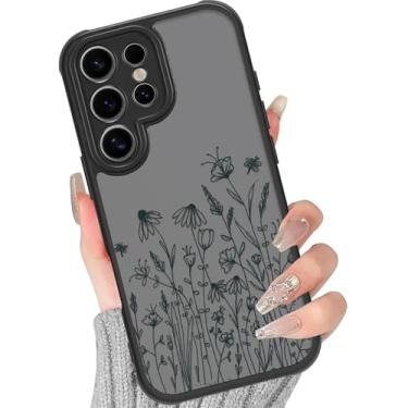 Imagem de Yomjew Lindas Linhas Pretas Flor Capa de Telefone para Samsung Galaxy S24 Ultra 5G Feminino Capa Feminina 17.3 cm, Design Estético Floral Borboleta Padrão Translúcido Fosco Capa Silicone Rígido PC