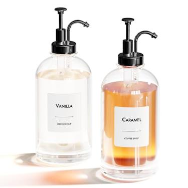 Imagem de Conjunto de dispensadores de xarope de café de 500 ml - 2 garrafas de vidro com rótulos pretos e xarope - Dispensação precisa e adição elegante para café, café ou bar doméstico