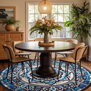 Imagem de jinchan Mandala Tapete redondo 2,1 m azul boho tapete lavável marroquino 2,8 m redondo moderno pacífico tapete macio antiderrapante grande de perfil baixo para sala de estar, sala de jantar, quarto