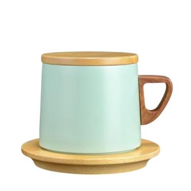 Imagem de Xícara Térmica de Aço Inoxidável, 384ml, Parede Dupla com Tampa e Pires de Bambu, para Café e Chá (Verde)