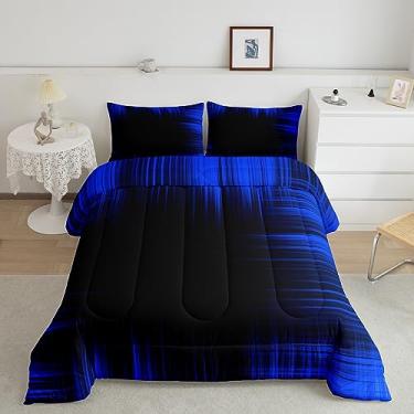 Imagem de Feelyou Conjunto de cama solteiro azul e preto, geométrico, com mancha artística abstrata, ombré, linhas gradientes, conjunto de edredom para decoração de quarto de crianças, conjunto de cama de