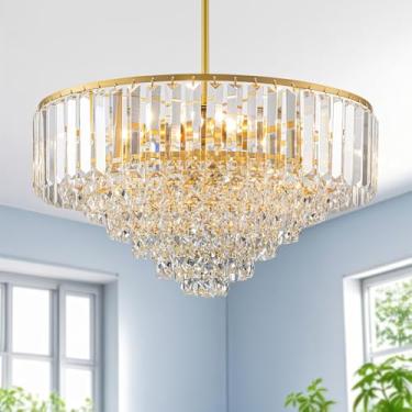 Imagem de Lustres dourados modernos de 7 camadas para sala de jantar, lustre de cristal francês K9 de luxo grande de 50,8 cm para quarto, sala de estar, luminárias pendentes de latão antigo redondo de 5 luzes