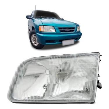 Imagem de Farol dianteiro esquerdo em policarbonato com suporte para reposição Compatível com S10 1995 a 2000 lente transparente refletor metálico durável