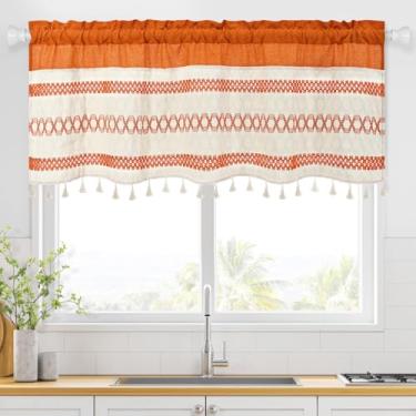 Imagem de FRAMICS Farmhouse — Cortina curta de crochê boêmio com borla, saia laranja para cozinha, filtro de luz, bolso para varão, tratamento de janela para banheiro, 1 painel, 132 cm L x 45 cm C