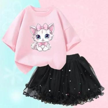 Imagem de Conjunto de 2 Peças Verão para Meninas - Camiseta de Gato e Saia Tutu,