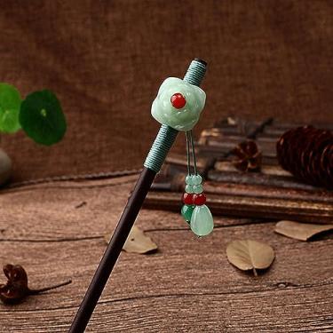 Imagem de Gancho de cabelo de madeira vintage, estilo chinês, flor enrolada, gancho de cabelo com borla, grampo de cabelo clássico para senhora