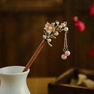 Imagem de Grampos de cabelo de flores palitos de cabelo vintage de madeira chinesa pinos para mulheres ornamentos de cabelo acessórios de joias