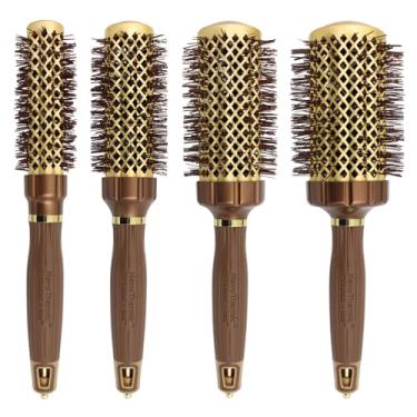 Imagem de Olivia Garden Escova térmica NanoThermic PowerGrip com cilindro ondulado patenteado especial para tensão extra e aderência, para cabelos médios a grossos, caixa de 4 peças