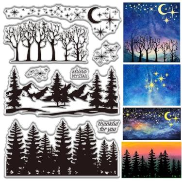 Imagem de CRASPIRE Carimbo transparente floresta céu estrelado para fazer cartões, estrela, lua, montanha, árvore, borracha, silicone, reutilizável, selo transparente para envelopes, diário, álbum de recortes