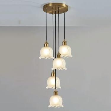 Imagem de 3 Lustres de vidro leitoso com 3 luzes, teto alto para hall de entrada, escada, 5 luzes, luminária pendente de flores, escada, dourado, meados do século, moderno, luminária suspensa para coz