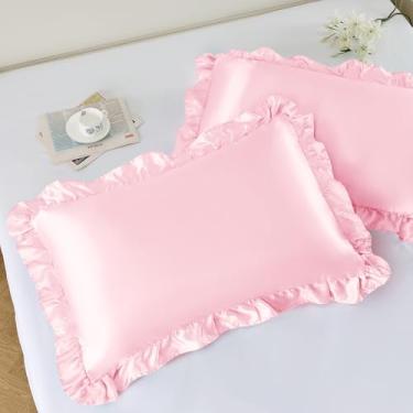 Imagem de NSGZ Conjunto de 2 fronhas de cetim com babados, tamanho padrão, fronhas sedosas para cuidados com o cabelo e a pele, fronhas de cetim rosa com fecho de envelope, fronhas antirugas para decoração de