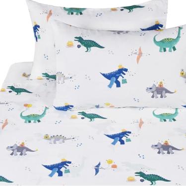 Imagem de J pinno Jogo de lençol completo para decoração de quarto de meninos e meninas, 100% algodão, lençol de cima + lençol com elástico + fronha (aniversário de dinossauro, casal)