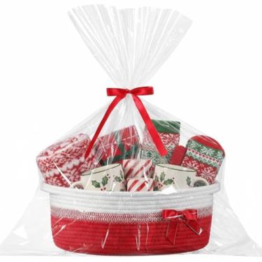 Imagem de Colingmill Cesta de presente de tecido com fitas, gravata borboleta e bolsa, caixa de peito decorativa vazia, 35,5 cm x 25,5 cm x 14 cm, armazenamento de cesta de corda para presentes de formatura