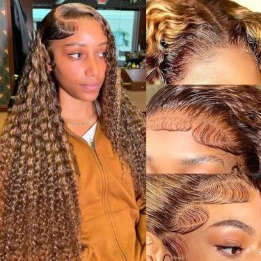 Imagem de JFOOHD Perucas de cabelo humano cabelo humano loiro mel onda profunda 13x4 HD transparente lace frontal perucas cabelo humano P4/27 peruca encaracolada para mulheres 180% densidade sem cola