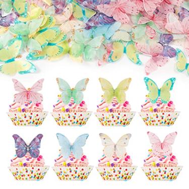 Imagem de Gyufise 40 peças de topo de cupcake de borboleta multicolorida comestível - decorações de borboleta de papel wafer comestível para chá de bebê, aniversário de crianças, festas de casamento