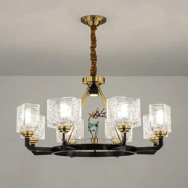 Imagem de YQSLQZZ Lustre de latão com holofote Luz de teto de luxo americana, iluminação decorativa de teto semi embutida luminária pendente com sombra de vidro ondulado de água quadrada para sala de estar