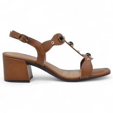 Imagem de Sandalia Dakota Salto Bloco Feminina Conforto Tiras Pedraria, Marrom, 