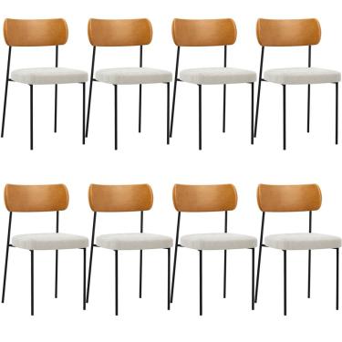 Imagem de Kit 08 Cadeiras Estofadas Para Sala De Jantar Melina L02 Couríssimo Whisky Bouclê Creme - Lyam Decor