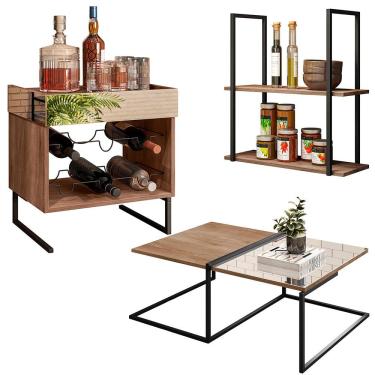 Imagem de Mesa de Centro Espelhada com Adega e Prateleira Multiuso Industrial D01 Design Demolição -Lyam Decor