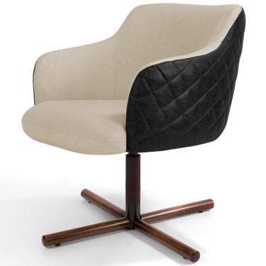 Imagem de Poltrona Decorativa Giratória Base X Jade D02 Linho Bege C-129 Tressê Corano Preto - Lyam Decor