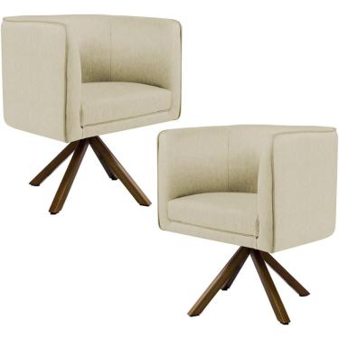 Imagem de Kit 02 Poltronas Decorativa Base Giratória de Madeira Betina D02 Linho Bege C-129 - Lyam Decor