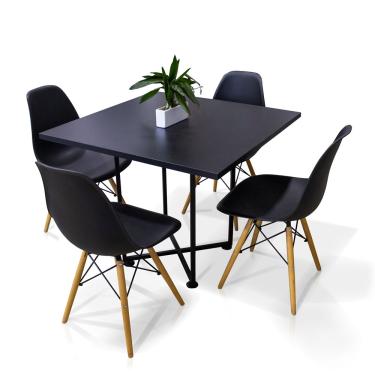 Imagem de Kit 04 Cadeiras Eiffel Preto e 01 Mesa de Jantar 04 Lugares Jade 90 cm Preto Base Metálica Industrial Preto - D'Rossi