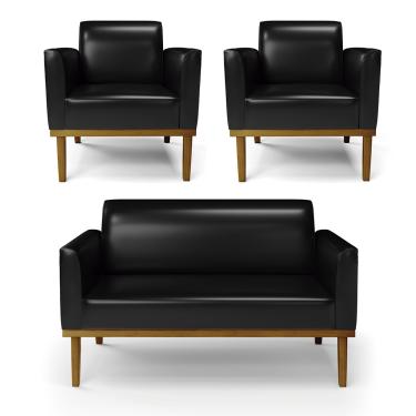 Imagem de Sofá Namoradeira com 2 Poltronas Base de Madeira Fixa Castanho Marisa Corano Preto  D03 - D'Rossi