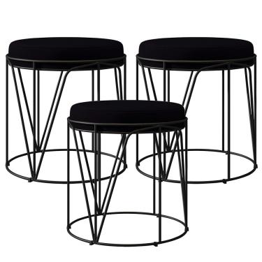 Imagem de Kit 03 Puffs Decorativo Aramado Preto Zaya L02 Suede Preto - Lyam Decor