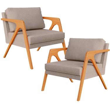 Imagem de Kit 02 Poltronas Decorativas Para Sala Estar Pietra Estrutura De Madeira L02 Linho Bege - Lyam Decor