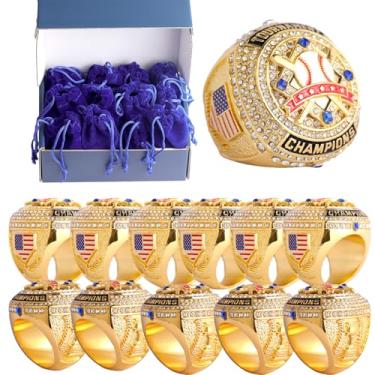 Imagem de TOPSPORTSJEWELRY Pacote com 2 peças ou pacote com 12 peças de anel de troféu de beisebol para campeão de torneio palyers prêmios troféu na lateral tamanho 9,5 (12 peças ouro campeões genéricos