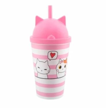 Imagem de Copo Infantil Personalizado de Canudo com Tampa 3d animais divertidos CAT-ROSA BEBE 350ml