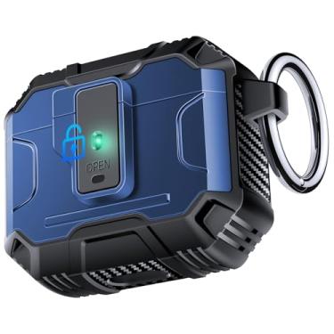 Imagem de Capa Amoured AutoPOP para AirPods 4ª geração com trava e chaveiro, proteção resistente de 360° e mecanismo de abertura de 1-clique, compatível com capa de bloqueio MagSafe AirPods 4 - azul