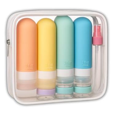 Imagem de Kit Frascos Reutilizáveis com Necessaire para Viagem – Silicone Macio, à Prova de Vazamentos, Ideal para Cosméticos, Cremes, Shampoo, Loções e Viagens Aéreas. (Colorido)
