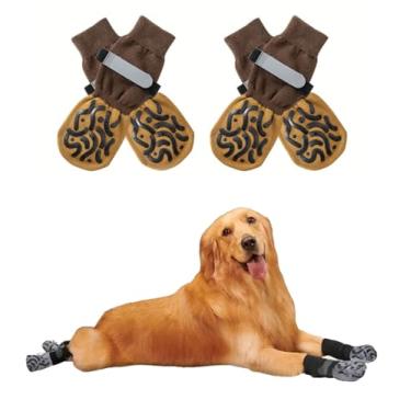 Imagem de 2 pares de meias antiderrapantes para evitar lamber patas, sapatos de cachorro para pavimento quente, botas para cães pequenos, médios e grandes, protetores de patas para pisos de madeira (marrom, G)